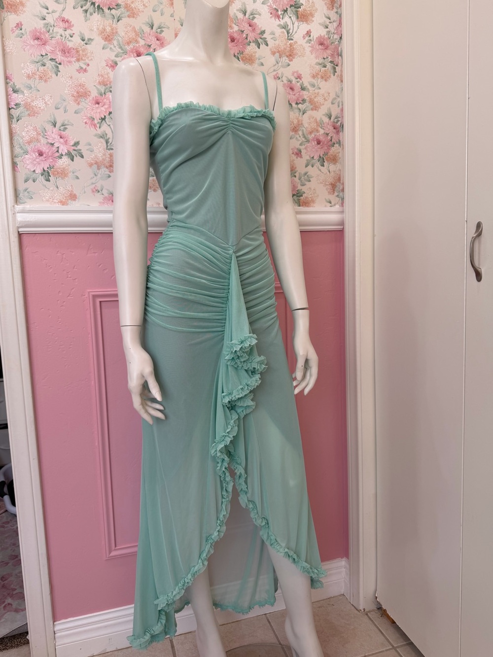Mint Green Ruffle Midi Slip Dress with Ruched Detail - Women